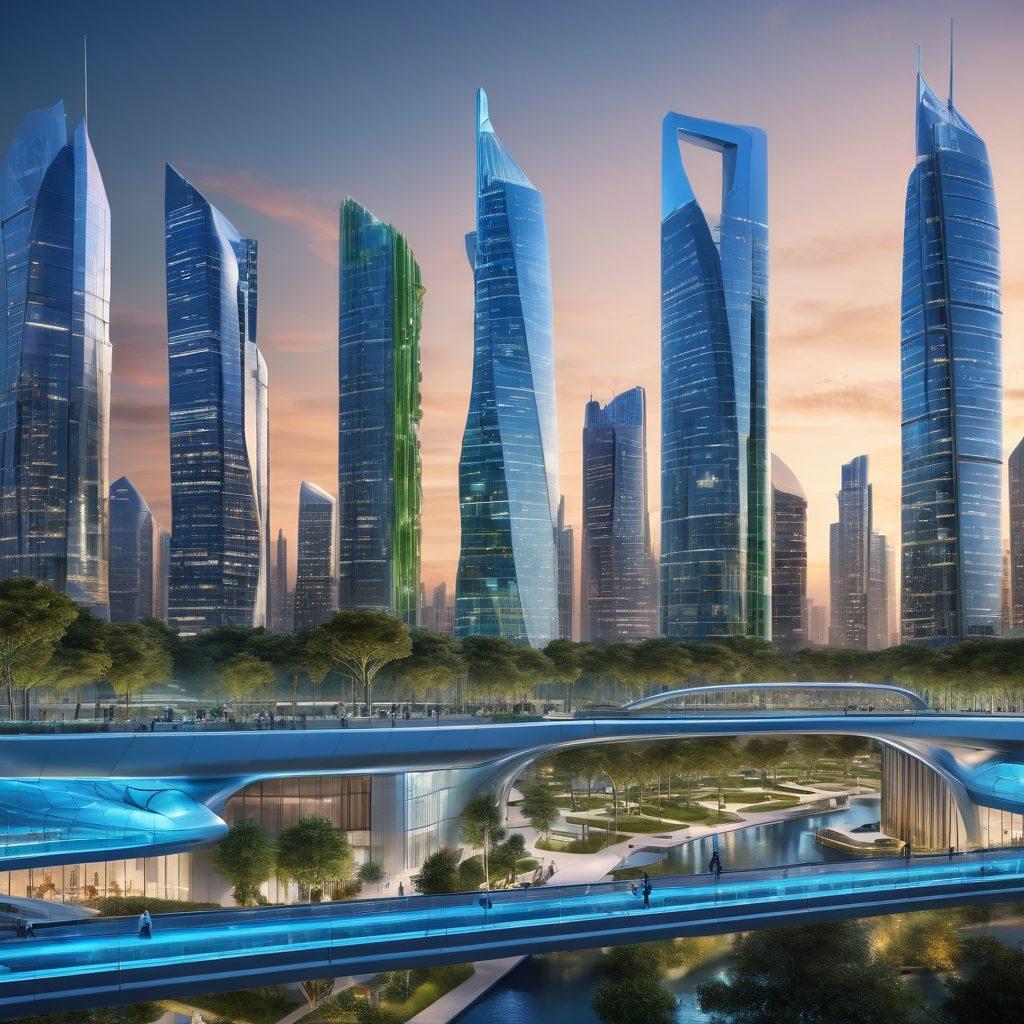 A futuristic city skyline showcasing innovative architectural designs, featuring a blend of sustainable buildings and advanced engineering elements, with a digital overlay of Autodesk software interfaces and tools. The scene is illuminated with a blend of blue and green colors, symbolizing technology and nature. Include engineers and architects collaborating in the foreground, surrounded by blueprints and 3D models. super-realistic. vibrant colors.
