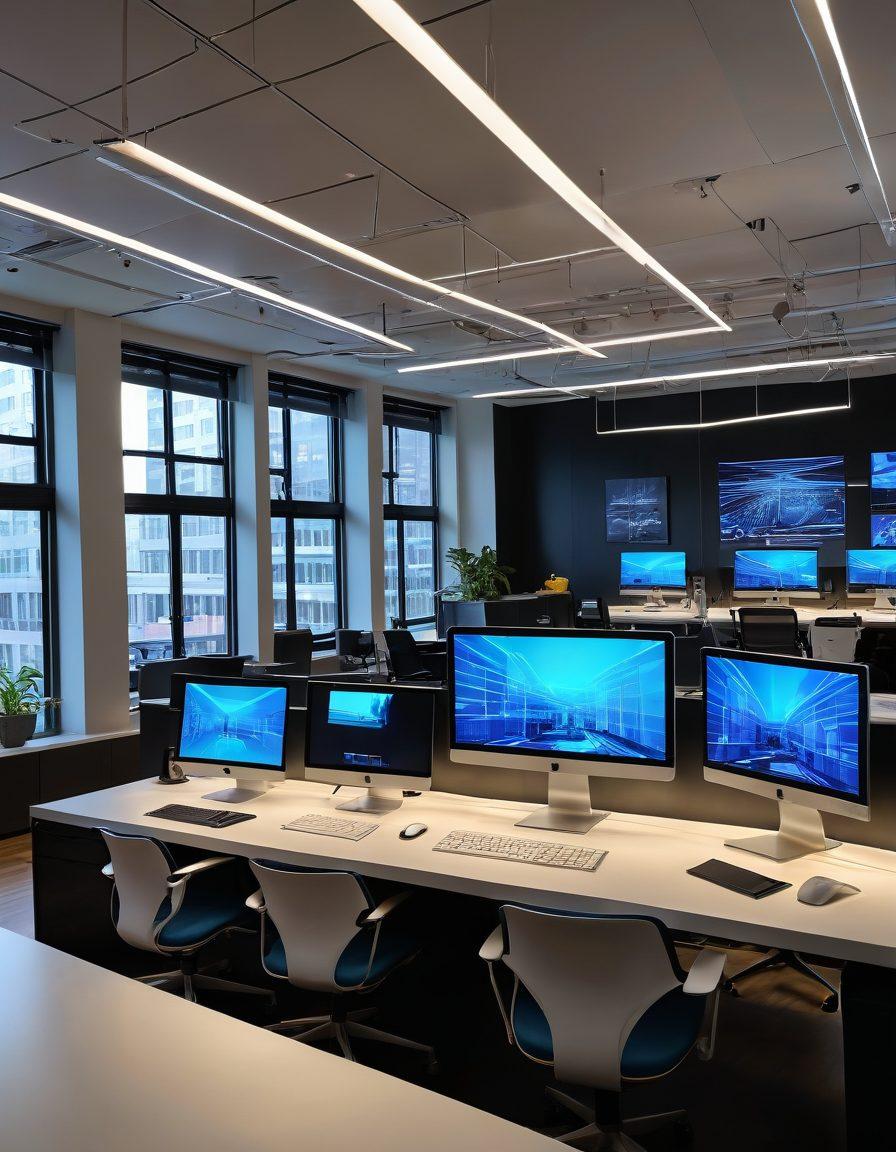 A dynamic scene showcasing architects and engineers collaborating in a bright, modern workspace filled with cutting-edge 3D design software on screens. Incorporate holographic models of buildings and structures floating in the air, symbolizing innovation and creativity. The atmosphere should reflect teamwork and excitement, with blueprints and digital tools scattered around. Colorful light beams emanate from the screens, enhancing the high-tech ambiance. super-realistic. vibrant colors. modern style.