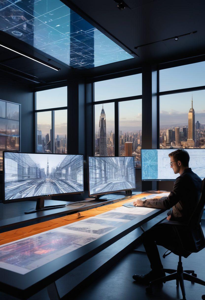 A dynamic workspace filled with cutting-edge Autodesk CAD tools, highlighting an architect working on a holographic blueprint of a futuristic building. Bright screens showcasing 3D models and innovative designs, surrounded by sketches and materials. A large window revealing a modern cityscape, symbolizing design innovations. The atmosphere should feel inspiring and energetic. super-realistic. vibrant colors. modern aesthetic.